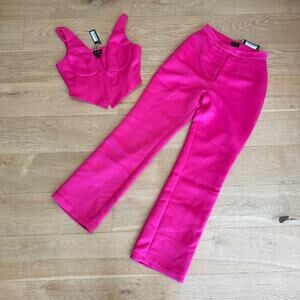 Lexi Wood x Misspap Premium Satin Boned Waistcoat and Flared Trousers in Hot Pin